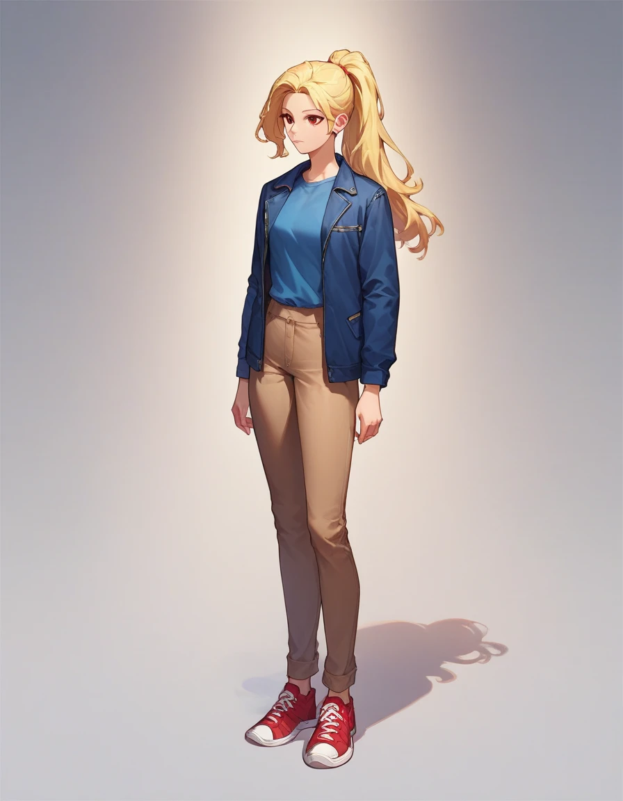 LilithEXE, 1girl, solo, long hair, blonde hair, shirt, red eyes, long sleeves, jacket, full body, ponytail, shoes, pants, blue shirt, red footwear, sneakers, brown pants