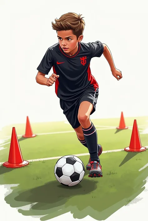 An illustration of my son training fundamentals from the youth category with cones and small goals soccer ball with the predominant black uniform, with red and white  