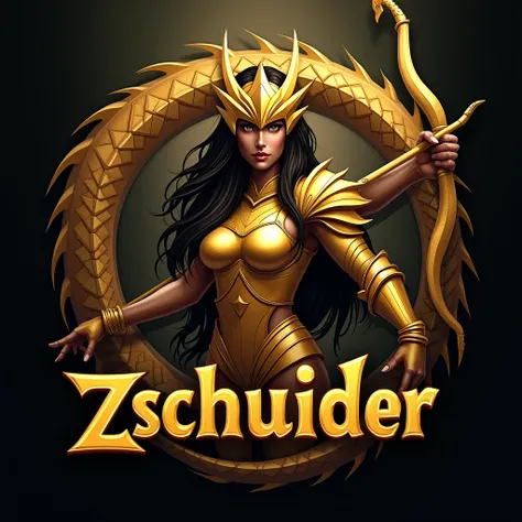  a gaming team logo ,  a dark woman archer wearing golden armor with a golden helmet and a golden dragon bow, Written "zschneider " in the image, dark image, chamas in the image fundo detalhado,  a golden dragon around 