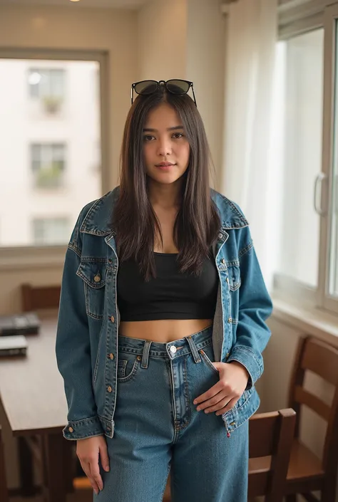 Thai woman, in cozy apartment, natural light, flare, medium shot, wears a structured jeans jacket over a black crop camisole, paired with high-waisted jeans. sunglasses above on her head.