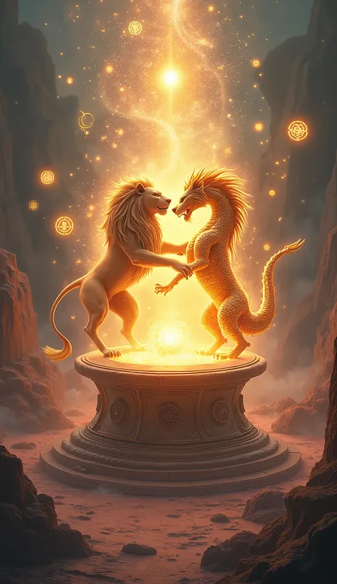 " A magical altar at the center of a heavenly landscape , surrounded by brilliant symbols floating in the air . A golden lion and a twinkling dragon are in the process of merging, surrounded by an intense multicolored light that pulsates in the environment...