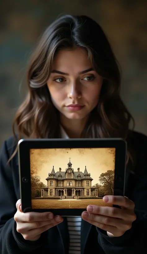 A young woman, curious and determined, looking at an old photograph of a mansion on her tablet. The image on the tablet should look ancient, giving a sense of history and mystery."