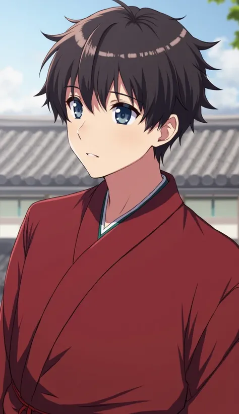 1boy,  looking at the spectator,  high resolution, dark blue eyes, dark brown hair,  Anime style,  , anime style, , strong body, red traditional japanese clothing, Alta resolução, Detalhes altos, Cabelo estilo quiff, castle, alta qualidade, detalhes altos,...