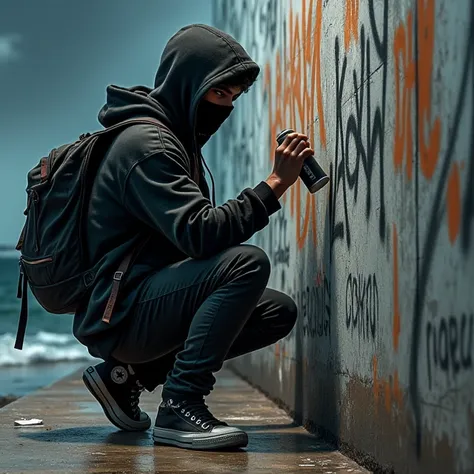  realistic style, A brown-skinned young man who cant see his face , with a black backpack,  a black hooded sweatshirt , a pair of black pants,  a black ALL star shoe and a black mask that covers half of his face and some graphite spray,  the young man is m...