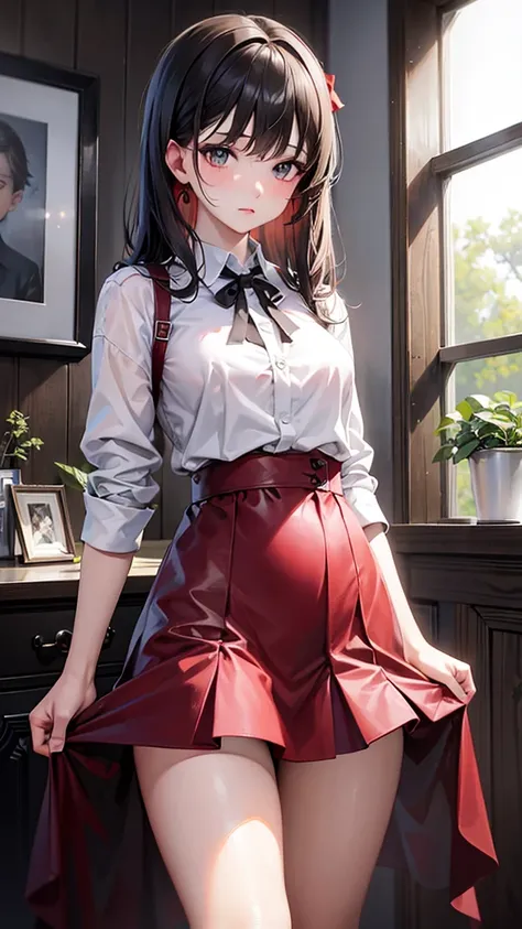 masterpiece,  high resolution,  high quality,  extremely detailed,  red miniskirt , Black Ribbon,  White Shirt ,