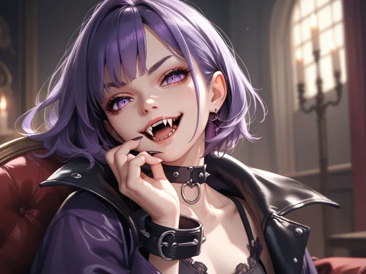 Make a vampire , With their mouths open showing their fangs, long purple hair, Purple eye, purple coat, black leather blouse on the inside,  choker, In dark anime style