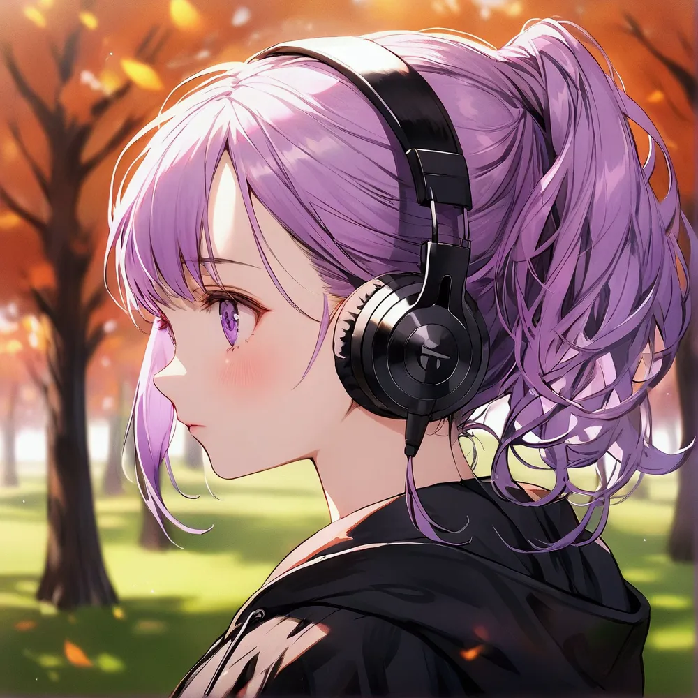 teenager girl, short purple hair, purple eyes, black hoodie, wearing headphone, (background park, blur), tomboy girl