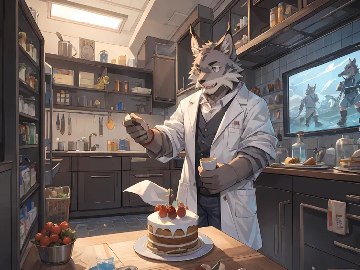 (gray fur:1.3), lynx, (young:1.3), shota, eating a cake, surprised expression, nervous, oversized lab coat, masterpiece, (16K), HD, Various facial details, detailed background, very detailed, dynamic poses, Eyes details,  high resolution, high quality, cor...