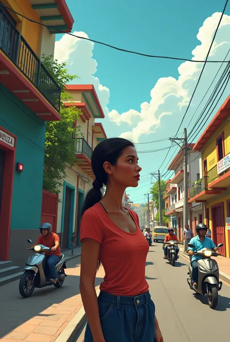 Venezuelan woman thinking of a street with motorcycles ,  buses and taxis on the right side with houses and shops and shops on the left side 