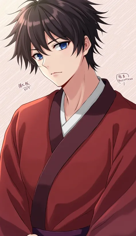 1boy,  looking at the spectator,  high resolution, dark blue eyes, dark brown hair,  Anime style,  , anime style, , strong body, red traditional japanese clothing, Alta resolução, Detalhes altos, Cabelo estilo quiff, castle, alta qualidade, detalhes altos,...