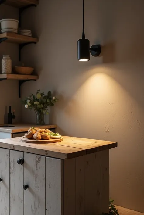  Design a minimalist spotlight that attracts attention while not being big or small, combining with rustic design in a simple and small kitchen island 