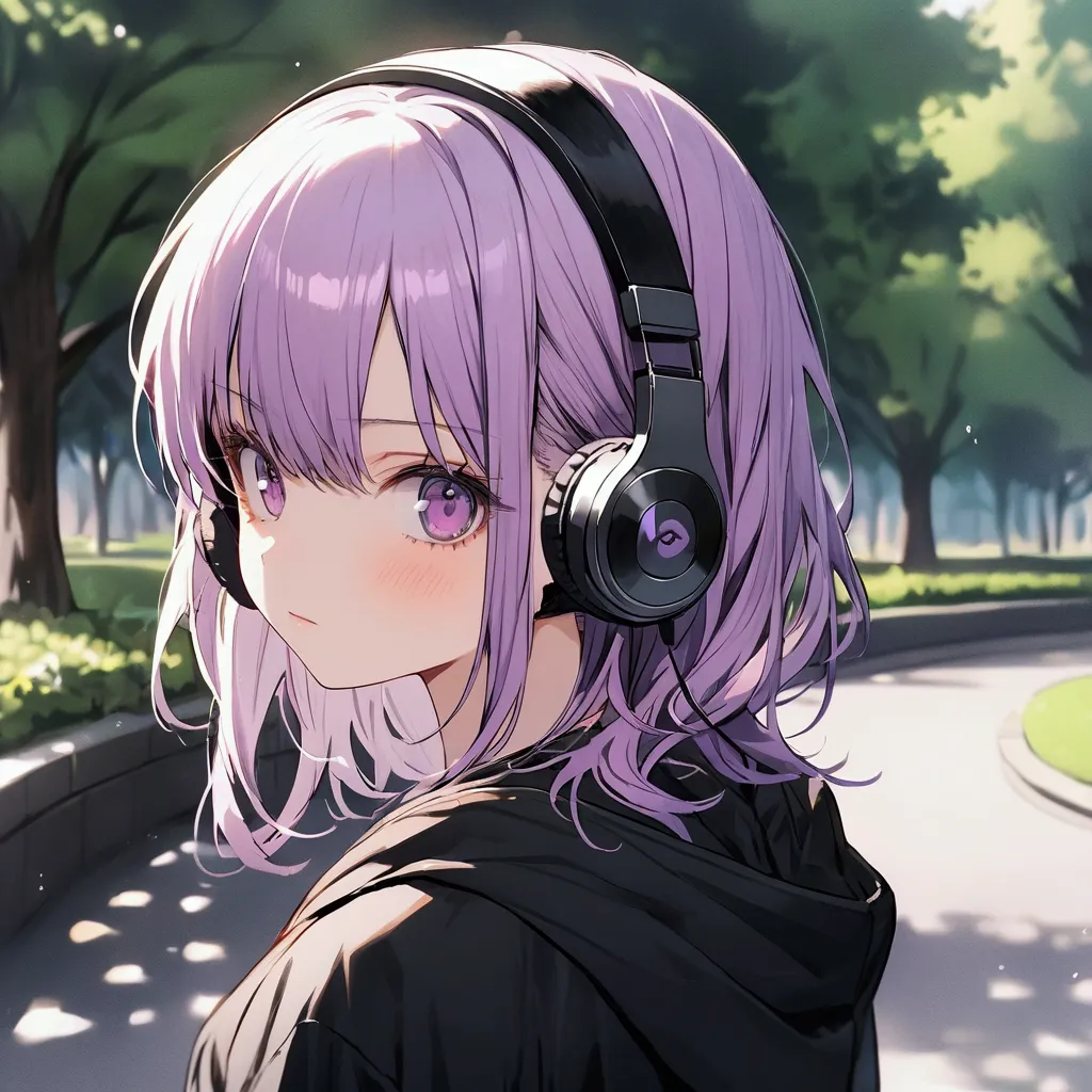 teenager girl, short purple hair, purple eyes, black hoodie, wearing headphone, (background park, blur), tomboy girl