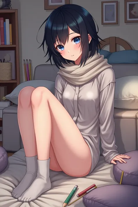 (( better quality ))), (( full coat)), ((illustrenion)), ((Disheveled hair)), ((Volante)), ( a girl), (Alone),Academy_series, negro_hair, blue_eyes, book, bookshelf, breasts, Clothes, I wore a, sofa, pies, femenino, femenino_Alone, Lamp, legs,  lingerie , ...