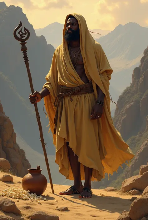  Black man with his back  ,  Dressed in straw with a covering of the back over the head and body,   showing only arms and feet  . She holds a scepter  .  He is in the mountains at dusk  .   There is a clay container with popcorn spilled on the sand .   The...