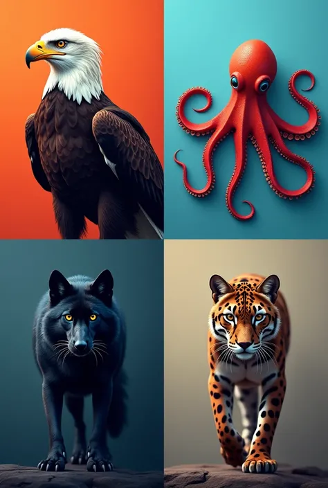 An image with the animals separated.
an eagle, an octopus,  a black wolf and a panther .
image for cell phone screen