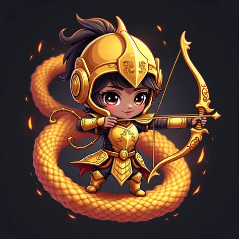  a gaming team logo , Cute Chibi a dark woman archer wearing golden armor with a golden helmet and a golden dragon bow, Written by Zschneider in the image , dark image,  flames in the detailed background image ,  a golden dragon around , flames around.