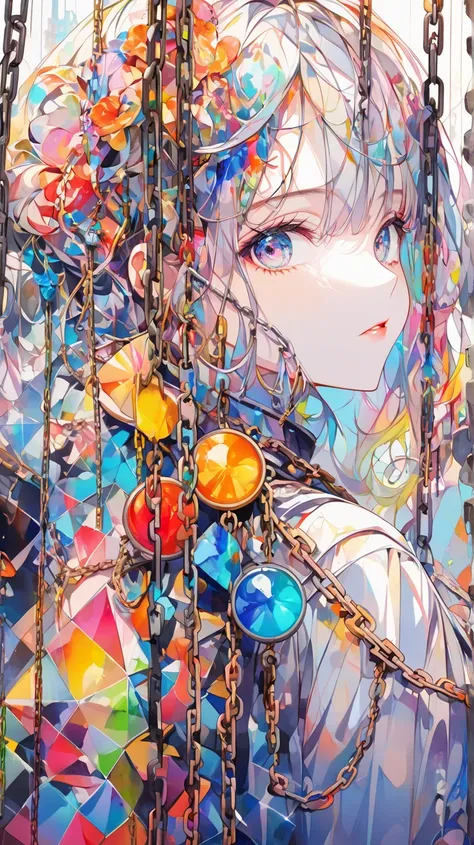 Chain-themed art, Apply paint to the chain and nail it to the canvas, Aesthetic colors created by colorful chain shapes, Meaningless illustrations, Exquisite balance and harmony of colors, Cryptic watercolor style, Transparency like glass, Simply beautiful...