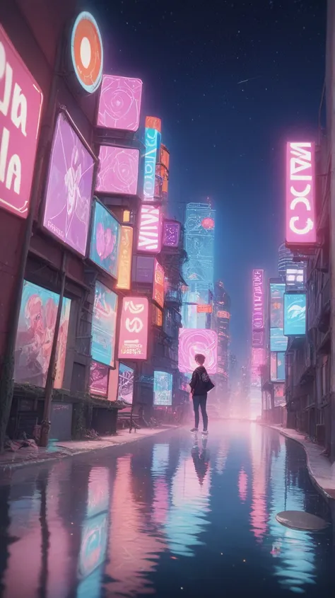 Viral anime nature wallpaper in 4K quality, in the style of digital illustration inspired by Satoshi Kon, depicting a dreamlike neon alleyway, puddle reflection, neon sign, Holographic advertisement, and floating digital particles; surreal and vibrant colo...