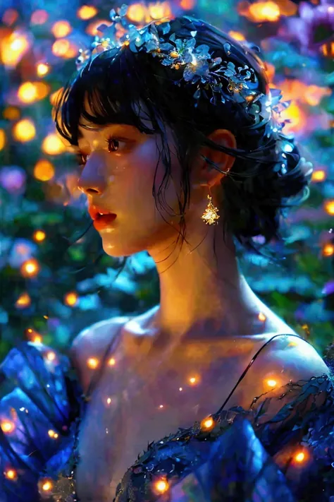 A full-body portrait of a woman in a moonlit garden, silk gown shifting colors, adorned with crystal-adorned midnight hair.bare skin