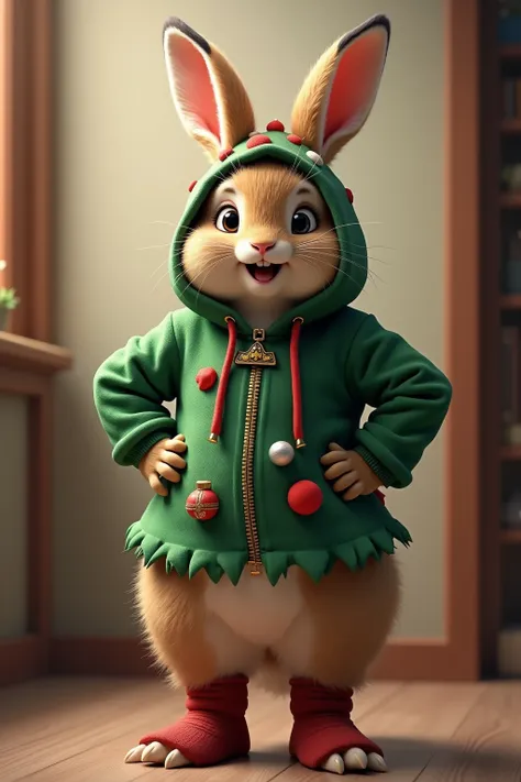 photorealistic portrait of Dressed animals - a ((fat)) (hare) performer,(Art by loish:1.2),(Christmas theme),(cute),(happy smile:1.2), (elegant),(hands on hips:1.5), high quality,(lovely) ,(highly detailed Christmas tree costume:1.5),Christmas motif access...