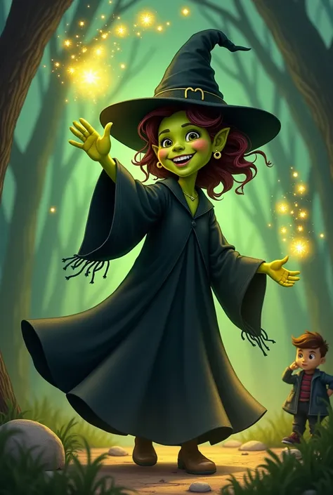 The cheerful green-faced witch, wearing a black robe and pointed hat, is seen in the background, waving her hand to say goodbye. Golden sparkles of magic swirl around her as she walks away, leaving behind a trail of light. Her warm smile lingers as she lea...