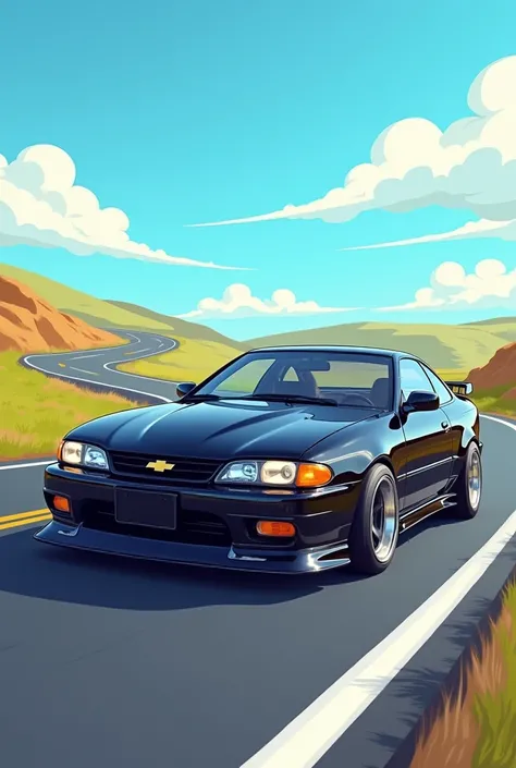 A black 1999 chevy Cavalier Z24 cartoon on the highway