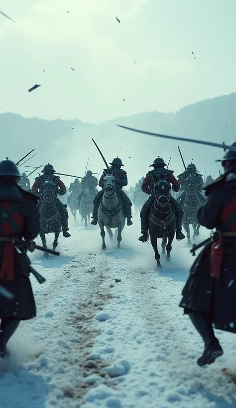 A close-up of the fierce fighting near Kyoto, samurai on horseback charging through the snow, Imperial soldiers pushing forward with rifles raised, the clash of steel as swords meet gunfire, the background showing a misty battlefield with distant hills, fo...