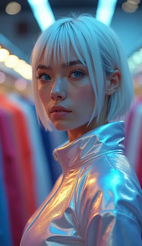 A semi-realistic medium shot of a very young woman inspired by Dua Lipas facial features. Woman wears a shiny holographic space suit. Her short platinum white hair with straight bangs. Vibrant blue eyes, glowing faintly. Semilla is in a shooping shop looki...