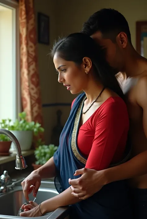 beautiful Indian woman is washing dishes in the kitchen, very detailed background, she is wearing dark blue transparent saree and a bright red blouse sliding down, Large U Cut cleavage exposed, navel expose, look up, erotic reaction,  she is sweating heavi...