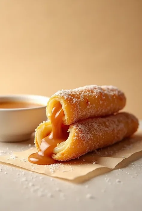  create an image (realistic)  of a Churros  (in the shape of a toothpick , thick),  filled with Dulce de Leite. With sugar .  Place it on a paper towel.