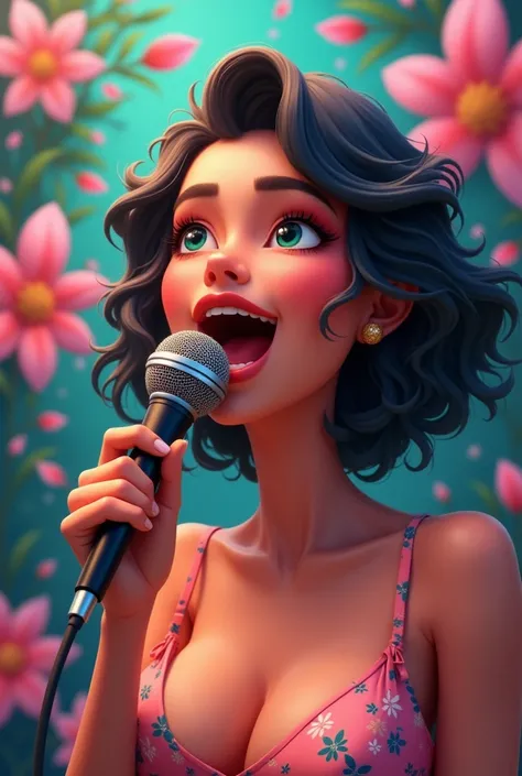 Woman, mic, sing, her face is clear, animation. Flower background.