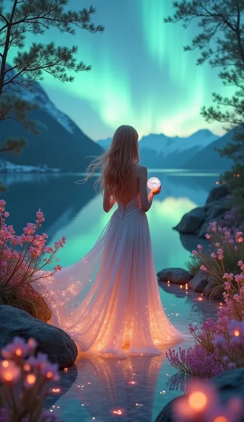 "Auroras Secret Garden of the Tides:
On a hidden, crescent-shaped cove, where the Nordic fjords meet the Arctic Circles ethereal light, a captivating, rose-gold-haired model uncovers the secrets of the oceans twilight realm. As the aurora borealis dances a...