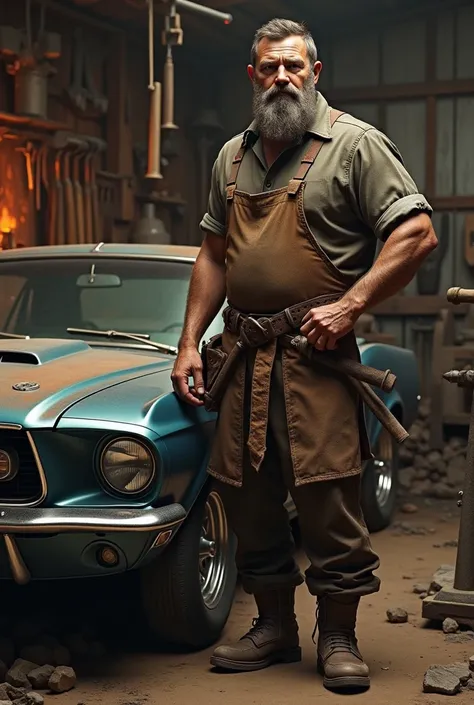 A skinny blacksmith who looks like a German and with an old Ford Mustang next to him