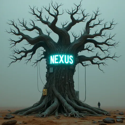  A tree with roots that connect to electronic circuits,  on the trunk of the tree with fluorescent letters that say Nexus, The tree is dry .