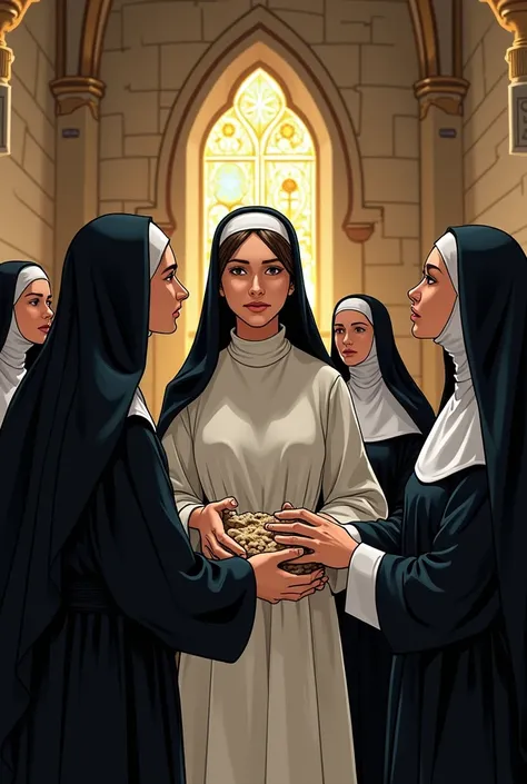  Ana María , ,  with nuns around .  A nun baptizes her in a small chapel.Draw for a comic