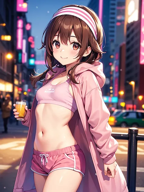 4K quality,cute,Brown Eyes,Brown Hair,20-year-old female,solo, small breasts, Pink Sports Bra , pink shorts,Put on a pink headband, long short hair,smile, blurry background,Cityscape on a winter morning, Long Coat ,