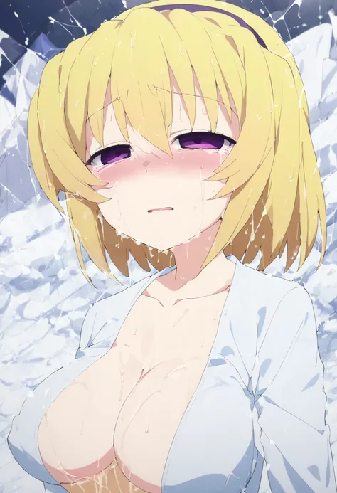 houjousatoko , (Higurashi When They Cry) blonde hair, short hair, hairband, Purple eyes, 16years old, , empty eyes , large breasts, nipple, walking , Heavy snowfall area　frozen  , Sweating profusely, Love juice, Wet Woman,  female , crying 山 solo, naked, P...