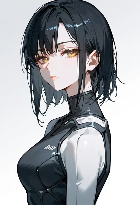 Artwork, ,, Back view, Single woman, Alone, Casual clothing, Black hair, Long straight hair, Sharp bangs, Golden eyes, Half-closed eyes, Glossy lips, Expressionless, White skin, Medium breast, Plain suit, Sharp bangs, With mole under mouth, High quality,  