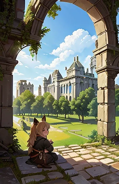 （masterpiece， top quality ， best quality ， Official Art， Beauty and Aesthetics ：1.1），((Castle Ruins :Ruins of an ancient city:1.5)),（Chibi character、cute,Baby kitsune, 1 girl， fox ears，Fox&#39;s Tail：1.3）， Very detailed，（ fractal art：1.1），antiquity，  very ...