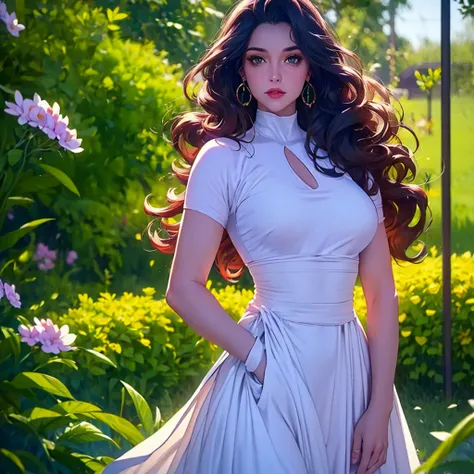 A beautiful woman, detailed face, long wavy hair, emerald green eyes, full lips, wearing a white flowing dress, standing in a lush garden with colorful flowers, warm sunlight, photorealistic, 8k, highly detailed, cinematic lighting, elegant, ethereal, drea...