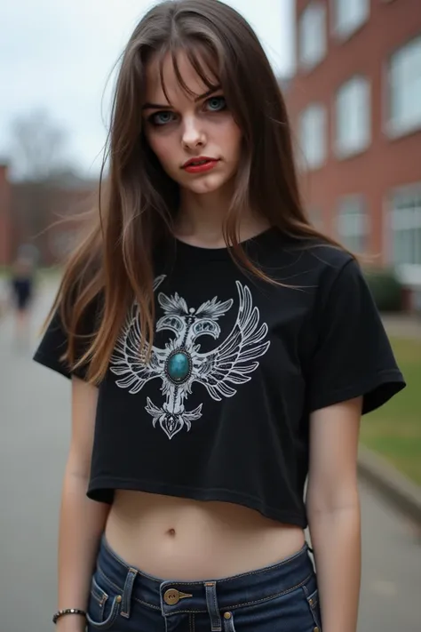 Young goth, wearing a black crop top with a design and jeans, in the background a school exterior