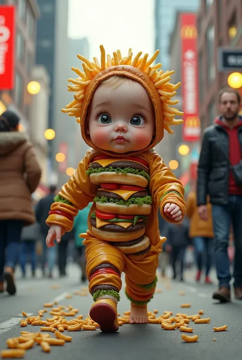 "A hyper-realistic depiction of a cute baby made of burgers, fries, and fast food items, walking on a busy street. Surrounding people are staring in amazement and curiosity, with realistic expressions and urban details like cars, streetlights, and shops in...