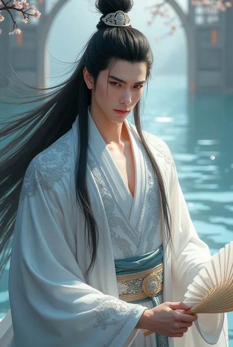 ((best quality)), ((masterpiece)), (detailed), perfect face Photo realistic image of a 25 years old young man white and silver flowing hanfu. Proud, regal personality, Attractive, arrogant, powerful, long black hair. Looks like Shi Wudu from Heaven Officia...