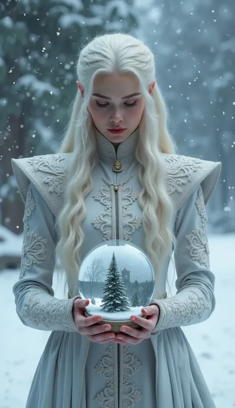 Daenerys Targaryen in the snow ,  looking at a snowball globe with her beautiful white hair,  some snow falling in the background .