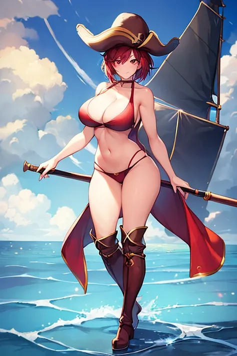 1girl, light smile, breasts, hourglass figure, standing, ((standing)), full body, ((full body)), toned, very short hair, red eyes, red hair, tall, cleavage, navel, ((navel)), pirate hat, bikini, bare legs, bare shoulders, sleeveless, hands on hips, breast ...