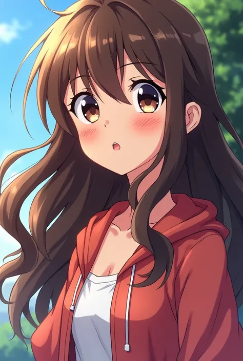 Create an anime about a seductively but fun 17-year-old girl who is extroverted, very cheerful, with brown hair, dark brown eyes and long wavy hair that, on the sides of an introverted girl, curly hair with long hair, shiny black eyes and no circles. 
If n...