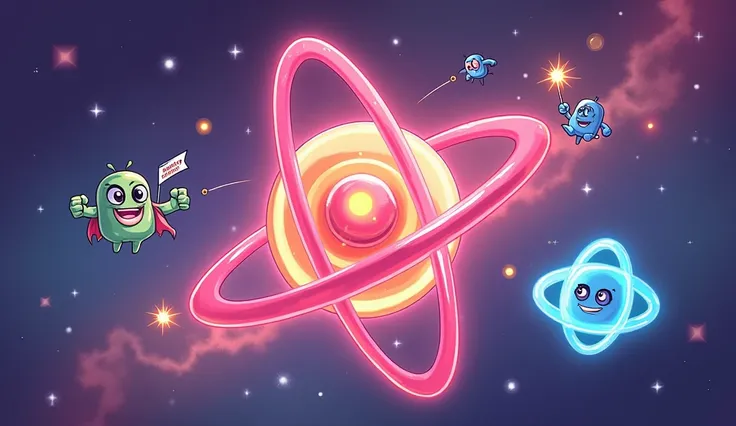 Create a vibrant, cartoon-style illustration of an atom that highlights the nucleus prominently while maintaining a playful tone. At the center, showcase a large, glowing nucleus with detailed and lively protons and neutrons:

Protons: Bold pinkish-red cha...