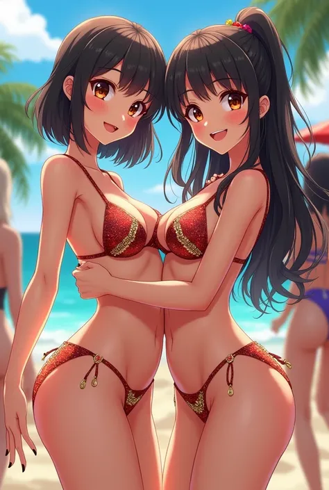  Anime Cute Twin Sisters 、 sunburned skin、 Dancer Outfit Thong 