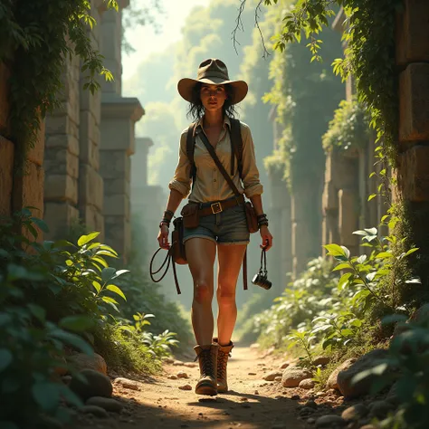 Indiana Jones style、Ruins of an ancient cityを探検する美女、Female Explorer、Ruins of an ancient city、