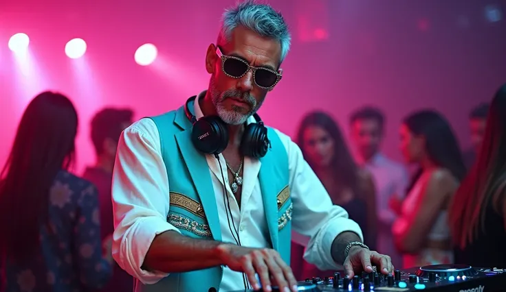 EDITORIAL  vibrant  photograph captures a male DJ, in his 30s, no tattoos, WHITE, CAUCASIAN , MEDIUM BUILD, handsome, with SHORT   GRAY hair and a GRAY beard, wearing MODERN  HIP CLOTHES, HEADPHONES AROUND HIS NECK,   WHITE SHINY ROLLED UP SLEEVES SHIRT AN...